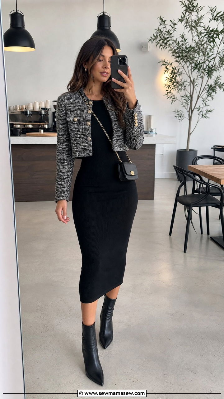 Cropped Jacket with Bodycon Dress and Heeled Boots - 30 Bodycon dress outfit ideas with heels