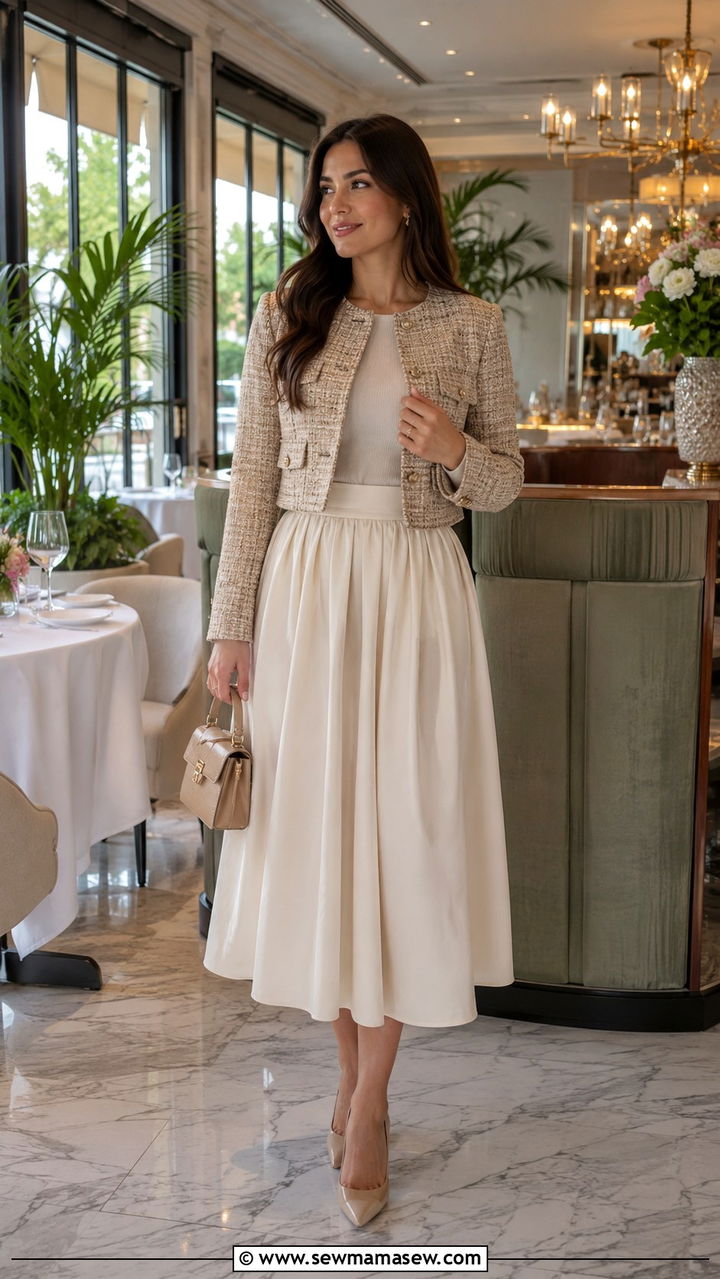 Cropped Jacket with Full Midi Skirt Outfit - 25 Outfit ideas for size 10 hourglass