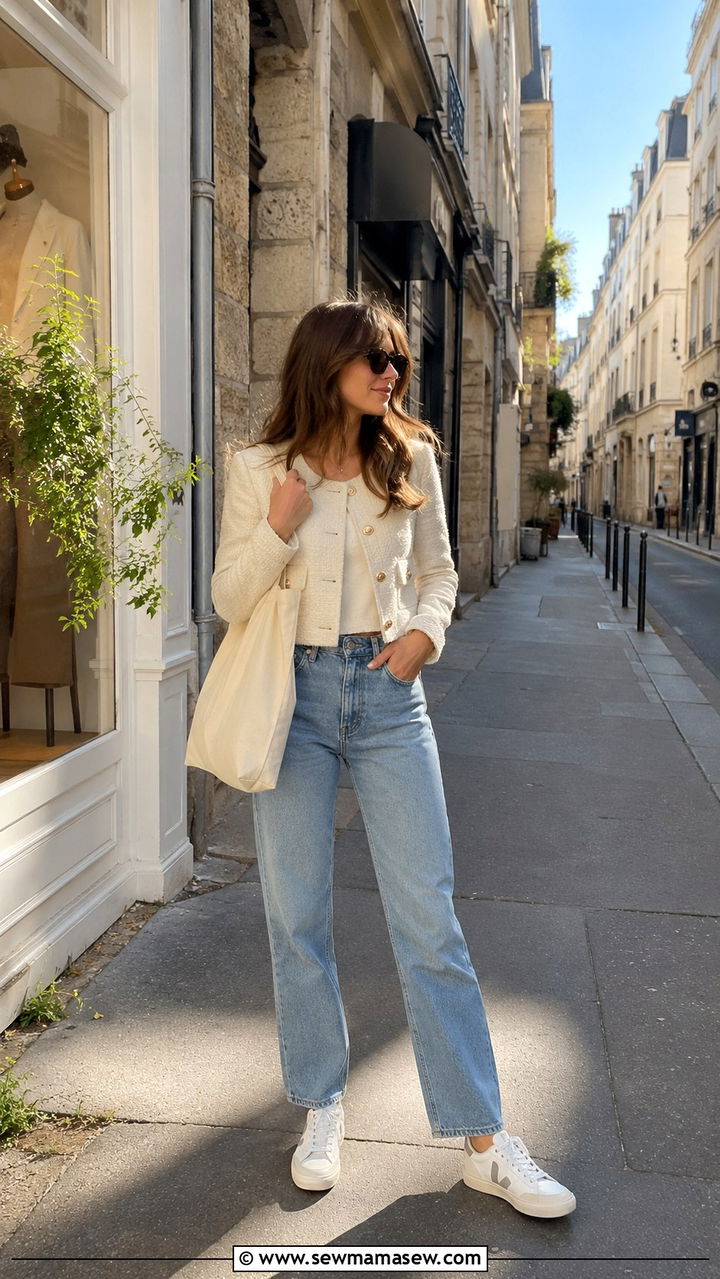 Cropped Jacket with High Waist Straight Jeans and Sneakers - 30 spring paris trip outfit ideas