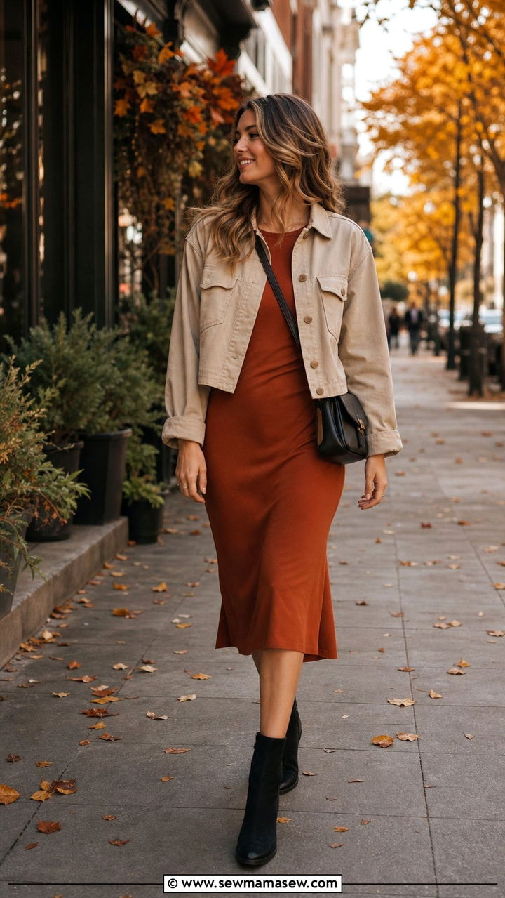 Cropped Jacket with Midi Dress and Ankle Boots - 35 casual Friday outfit ideas