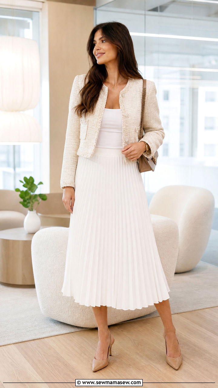 Cropped Jacket with White Pleated Midi Skirt and Slingbacks - 25 How to style a midi skirt for work