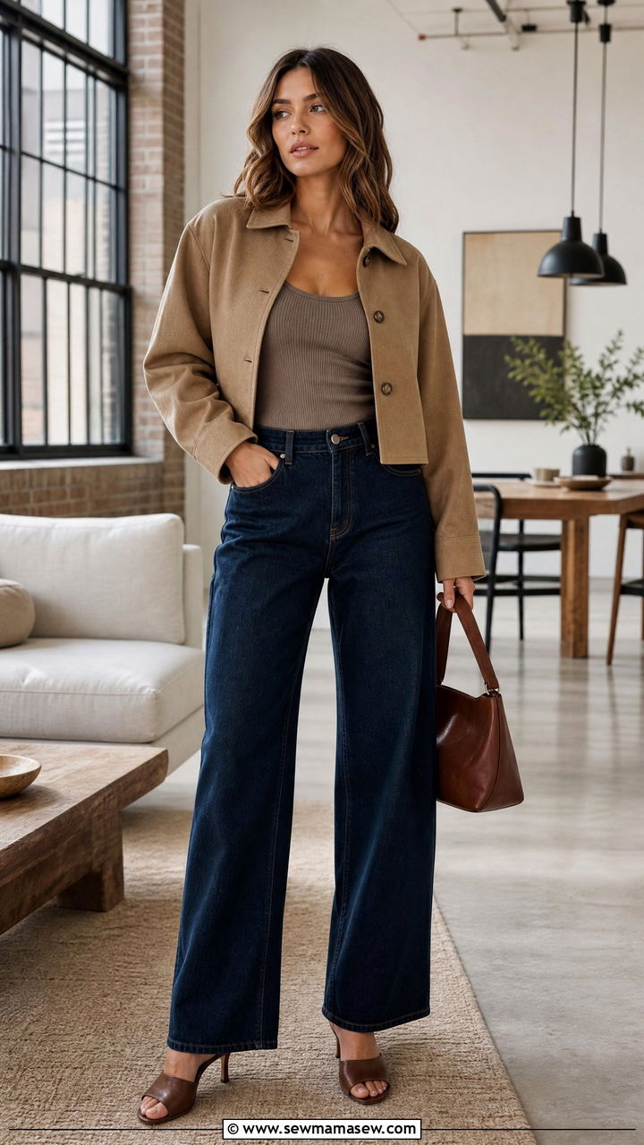 Cropped Jacket with WideLeg Jeans - 30 summer to fall outfit ideas
