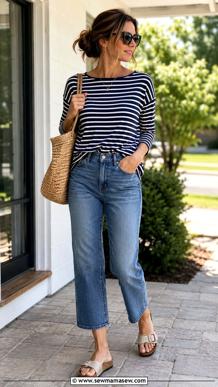 Cropped Jeans With A Striped Boatneck Top And Cork Slides - 30 slide sandals outfit ideas