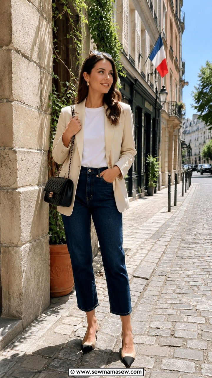 Cropped Jeans With Blazer and Slingback Kitten Heels - 25 Old money outfit ideas with kitten heels