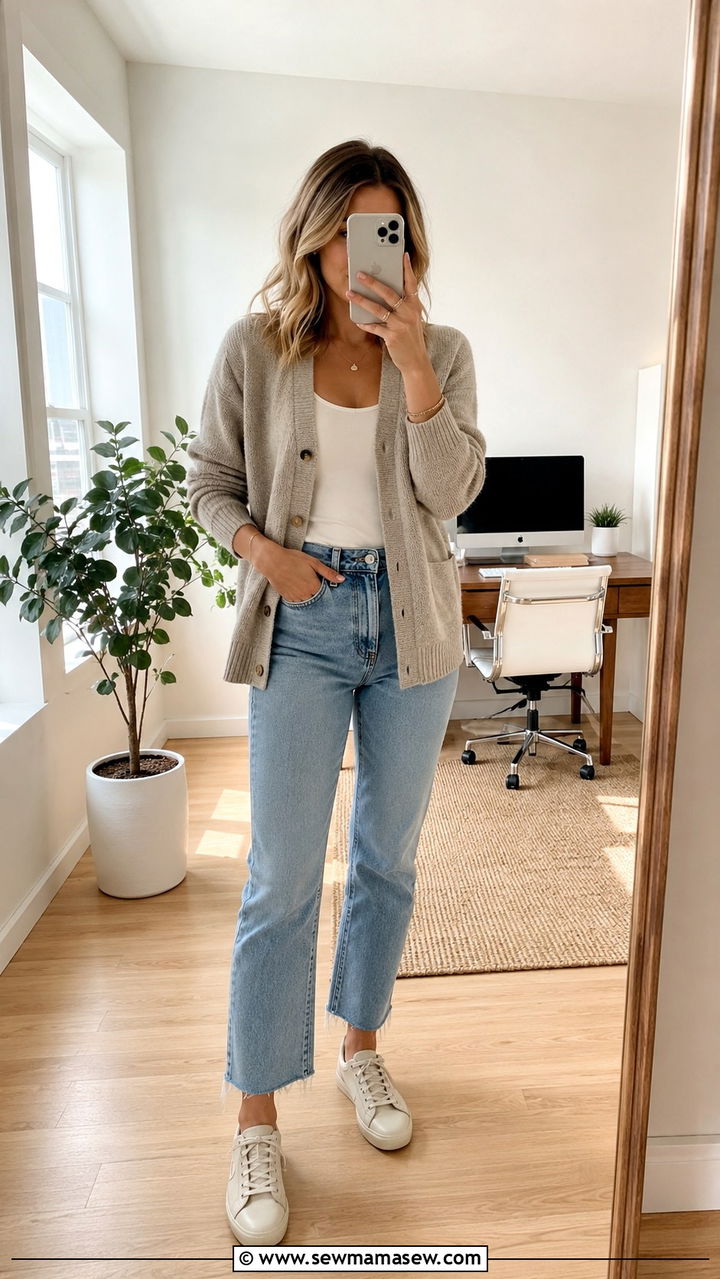 Cropped Jeans With Cardigan And Low Profile Sneakers - 25 Work outfits with sneakers and jeans