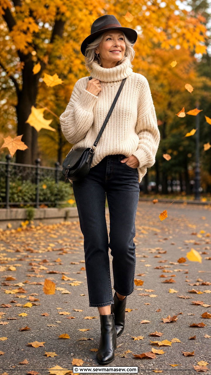Cropped Jeans with Chunky Knit Sweater and Ankle Boots - 35 Jeans outfit ideas for women over 60