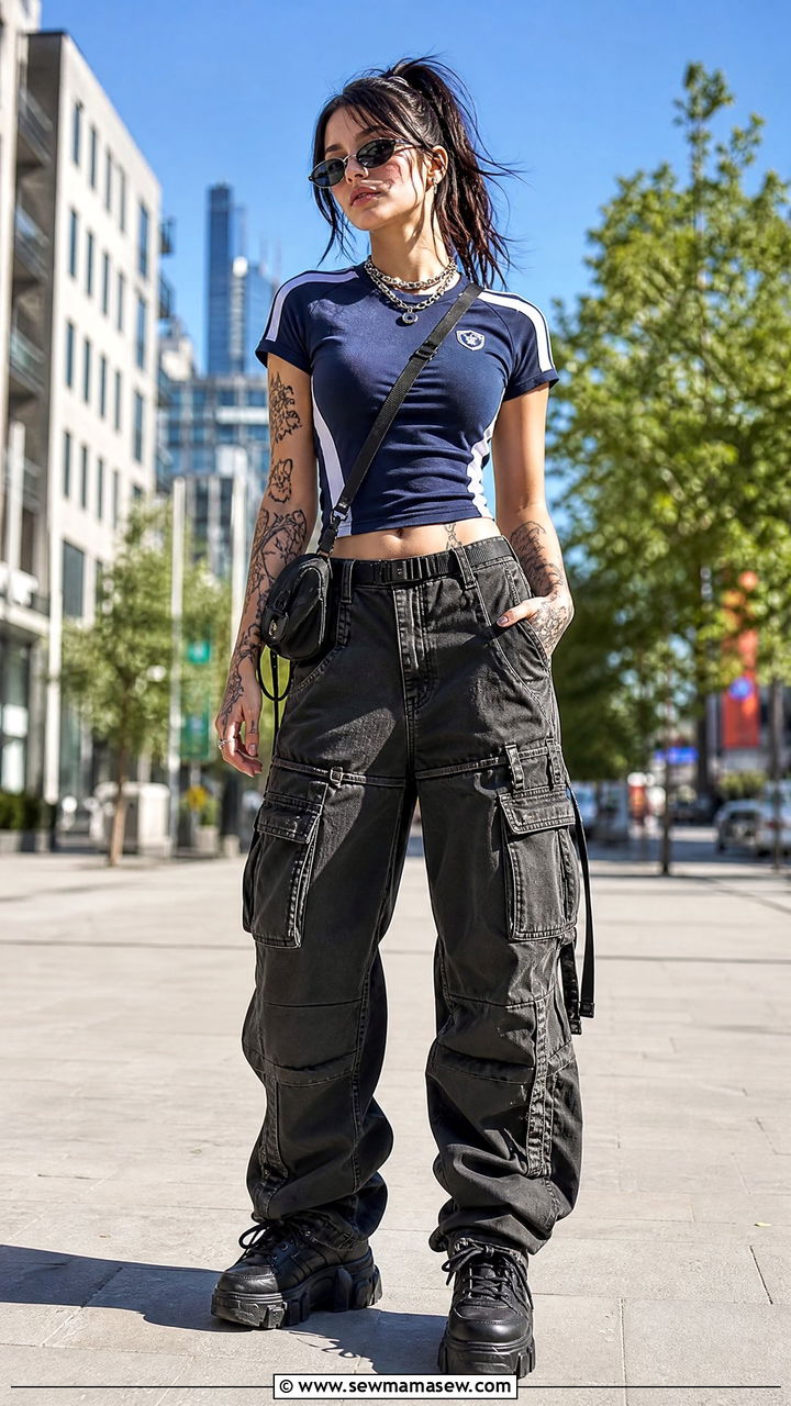 Cropped Jersey With High Waisted Cargo Pants And Sunglasses - 35 Billie Eilish concert outfit ideas