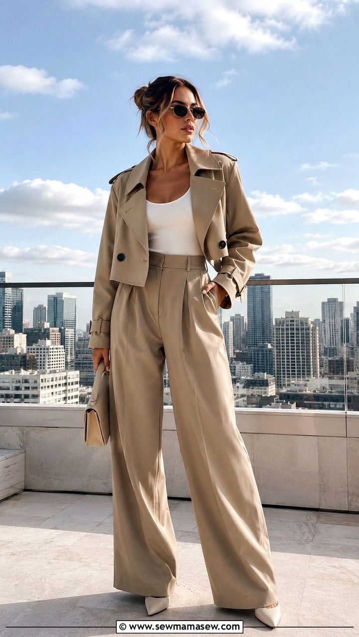 Cropped Khaki Trench Coat With High Waisted Wide Leg Pants - 30 Khaki trench coat outfit ideas with wide leg pants