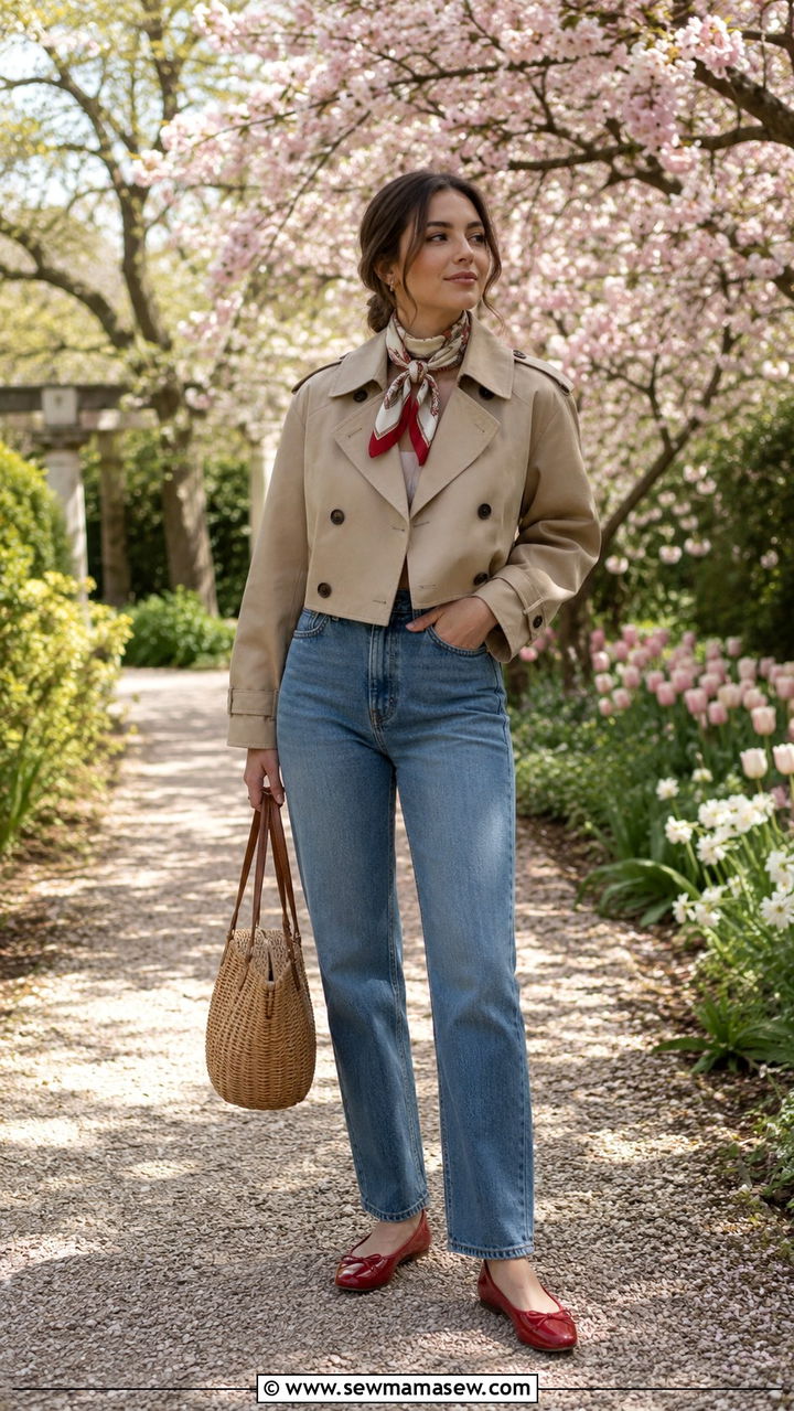 Cropped Khaki Trench Coat with High Waisted Jeans and Ballet Flats - 30 Khaki trench coat outfit ideas with jeans