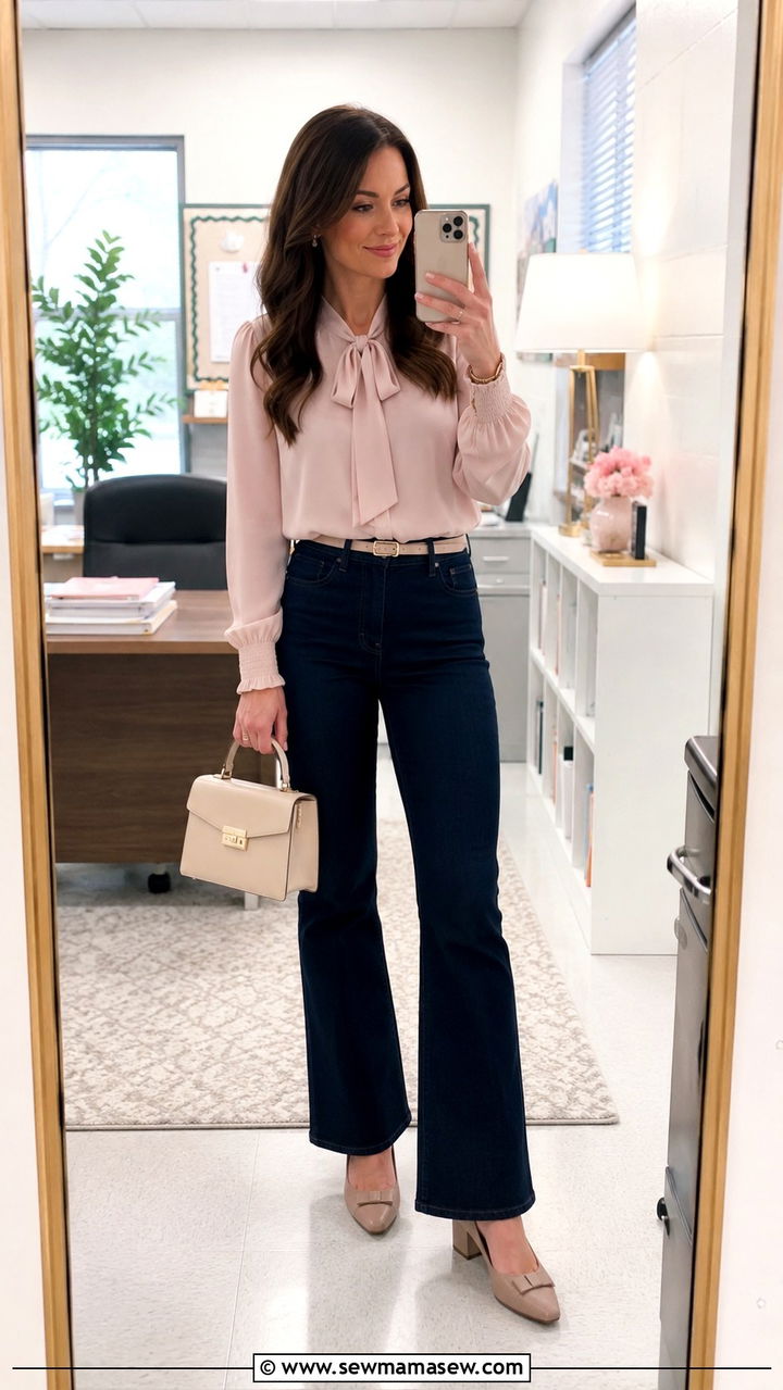 Cropped Kick Flare Jeans With Bow Blouse And Heels - 30 Teacher outfits with jeans