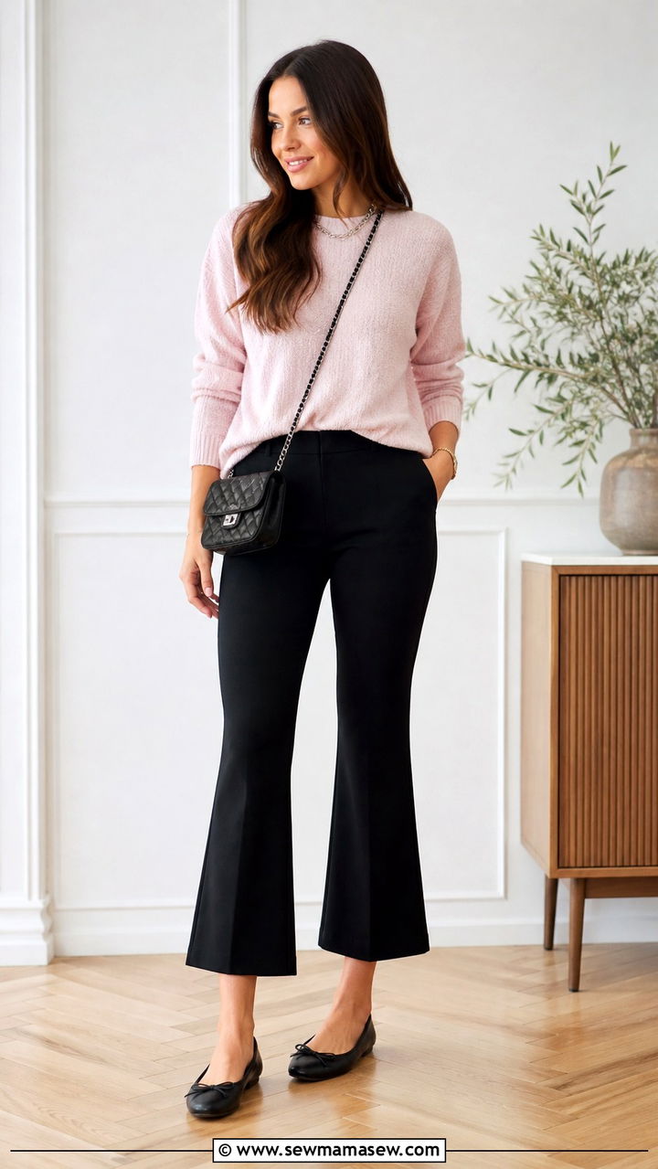 Cropped Kick Flare Pants With Knit Top Ballet Flats - 40 work outfits