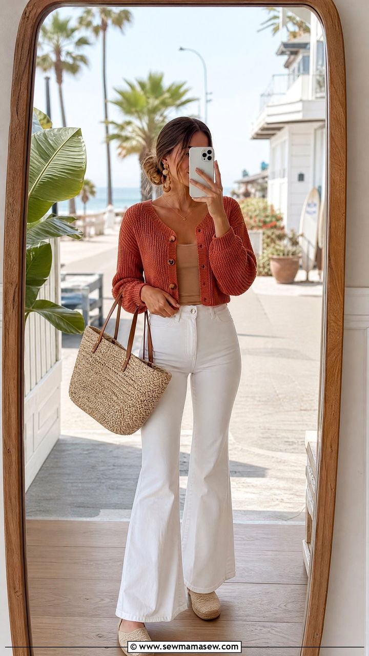 Cropped Knit Cardigan and White Flare Jeans Outfit - 30 Flare jeans outfit ideas with a cardigan