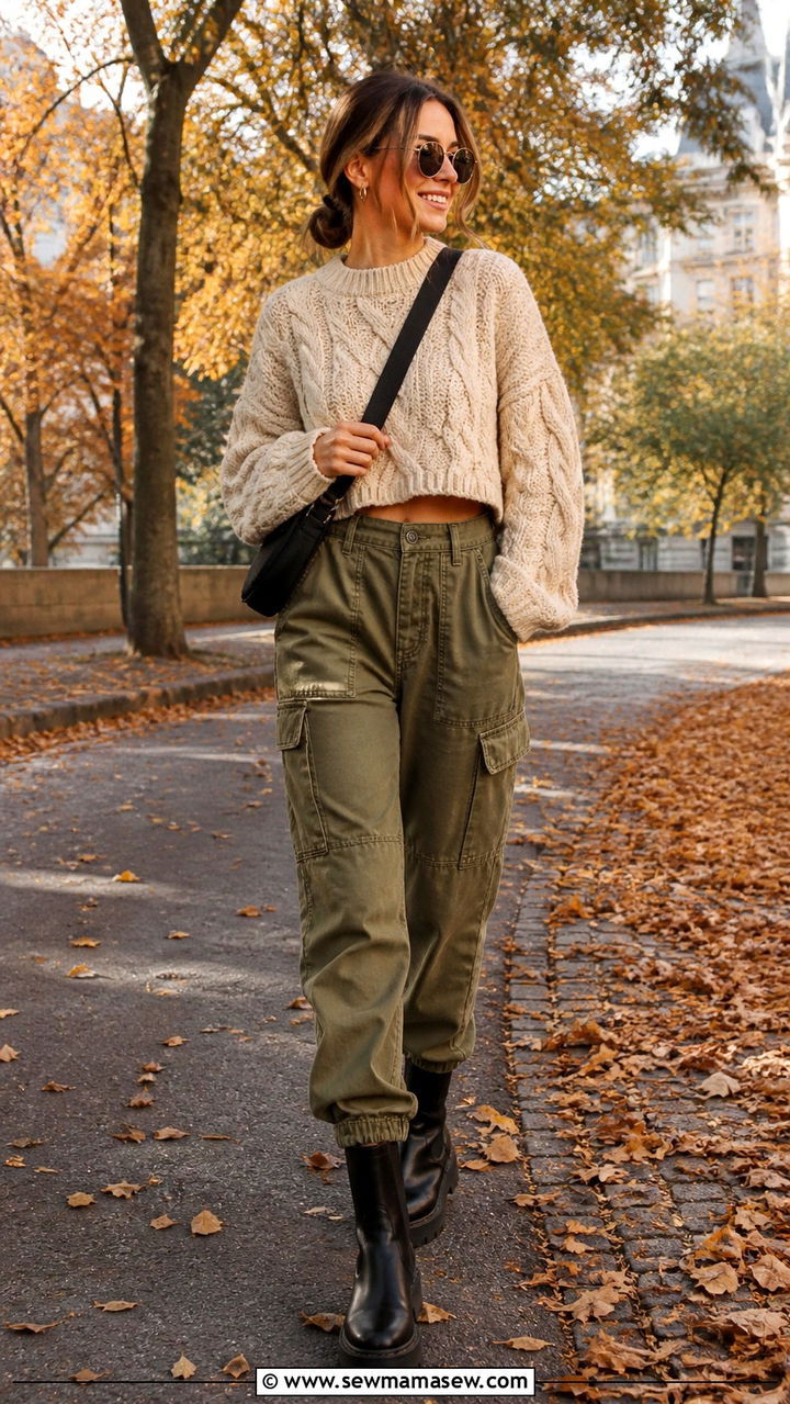 Cropped Knit Sweater With Cargo Pants and Lug Boots Outfit - 40 cargo pants outfit ideas for women
