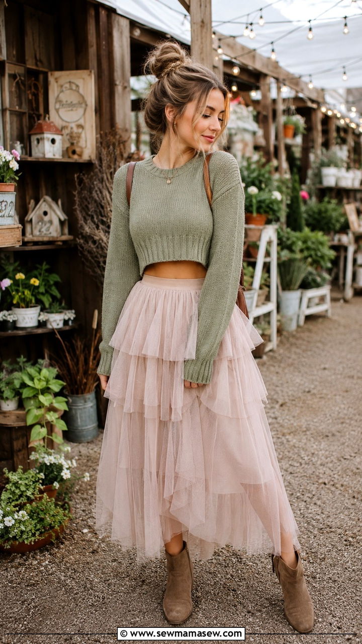Cropped Knit Sweater With Fairy Tulle Skirt - 30 casual fairycore outfits
