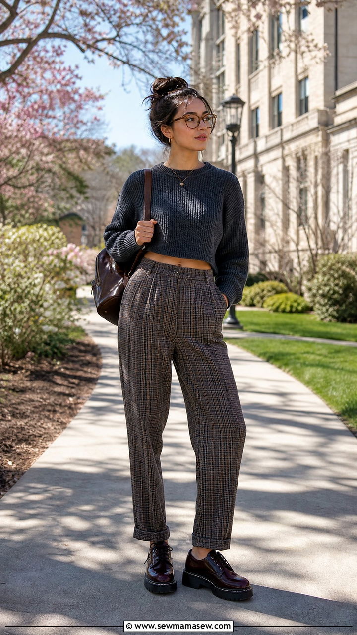 Cropped Knit Sweater With High Waisted Plaid Pants Outfit - 30 Dark academia spring outfits