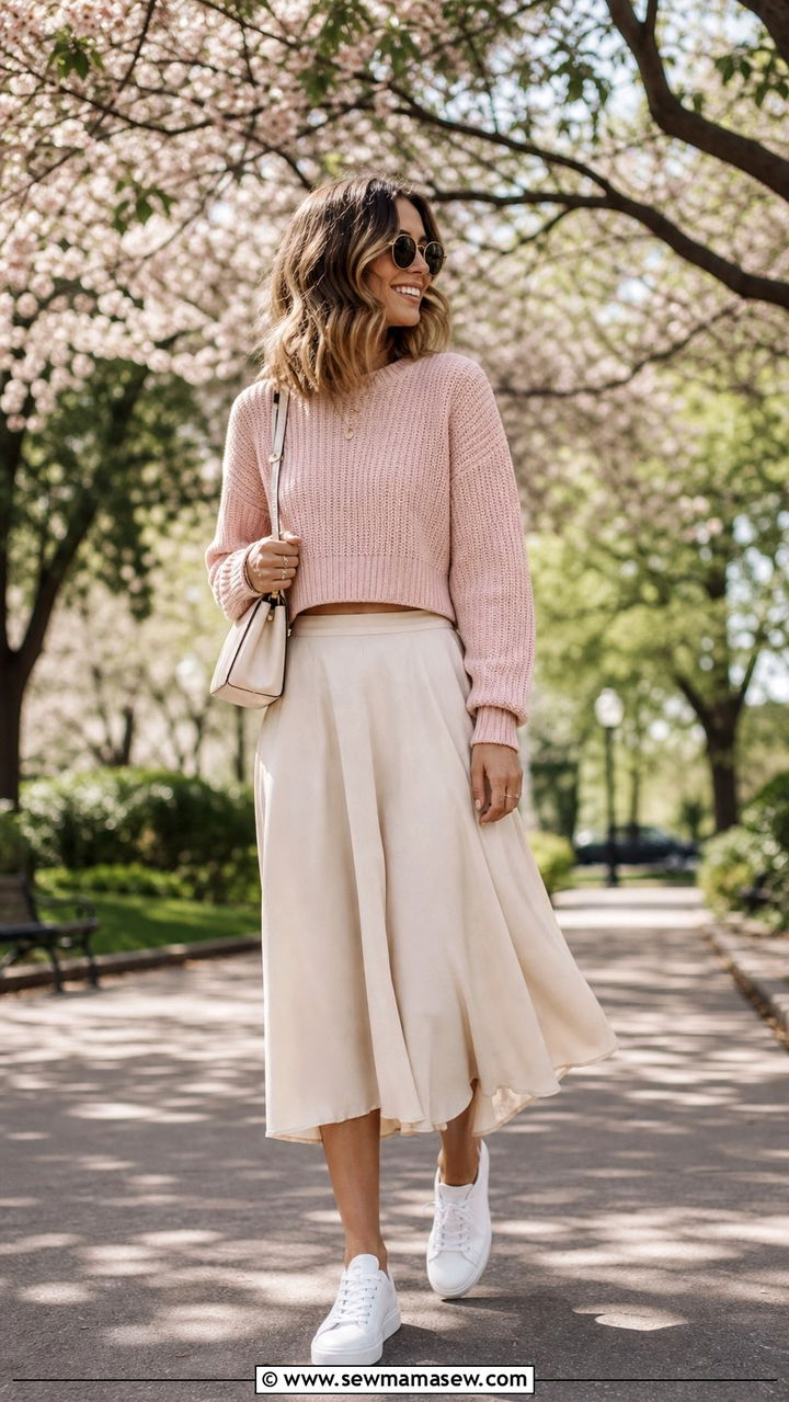 Cropped Knit Sweater With a Midi Skirt and Sneakers - 25 Cool aunt outfit ideas