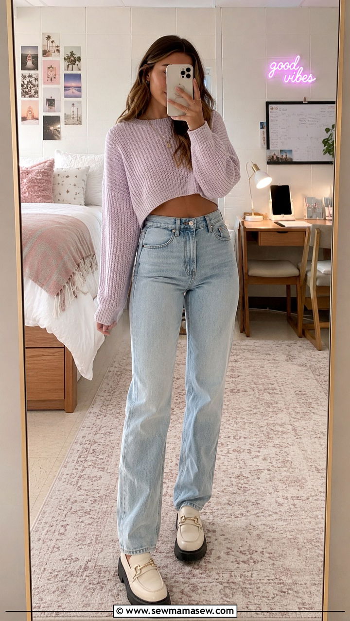 Cropped Knit Sweater and High Waist Jeans - 25 Boarding school outfit ideas teens