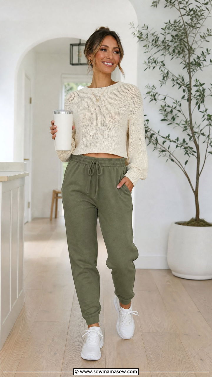 Cropped Knit Sweater and High Waisted Joggers - 30 Outfit ideas for stay at home moms