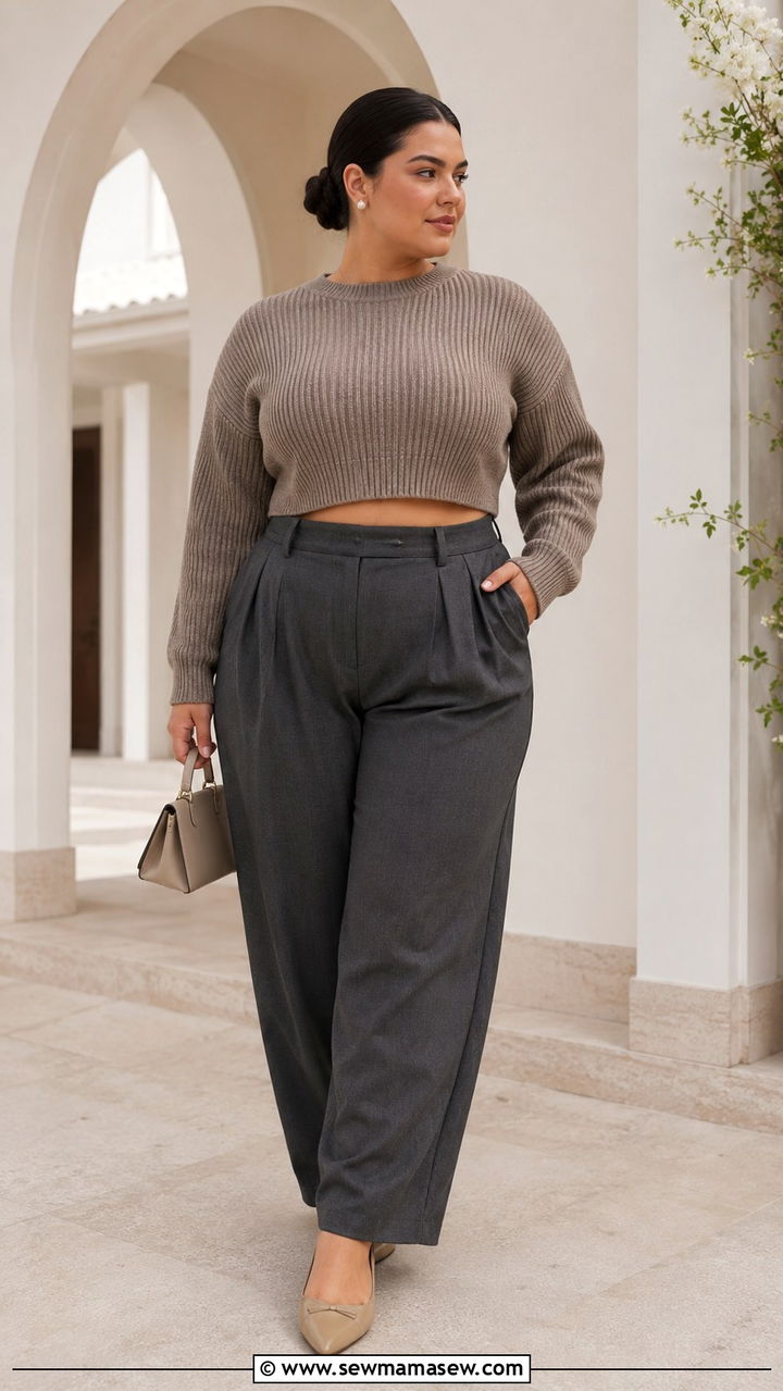 Cropped Knit Sweater and Pleated High Waist Trousers Outfit - 30 Minimalist outfit ideas plus size