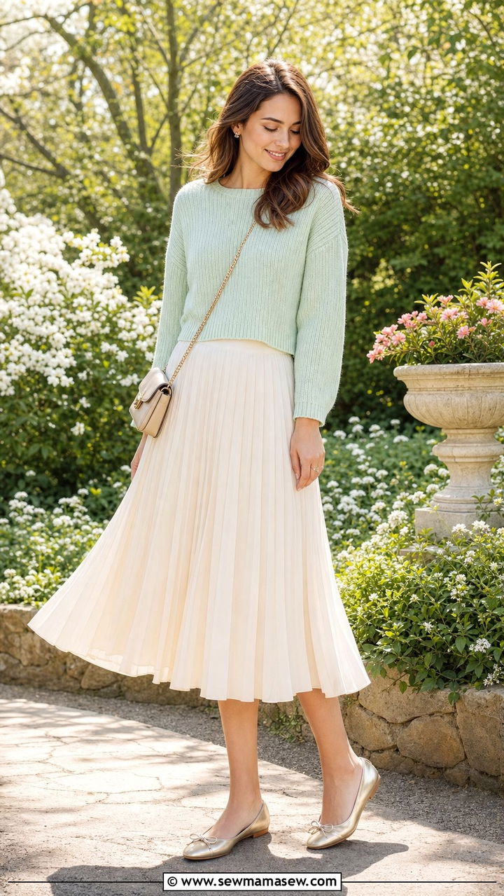 Cropped Knit Sweater with Pleated Skirt - 25 Spring Sunday outfit ideas