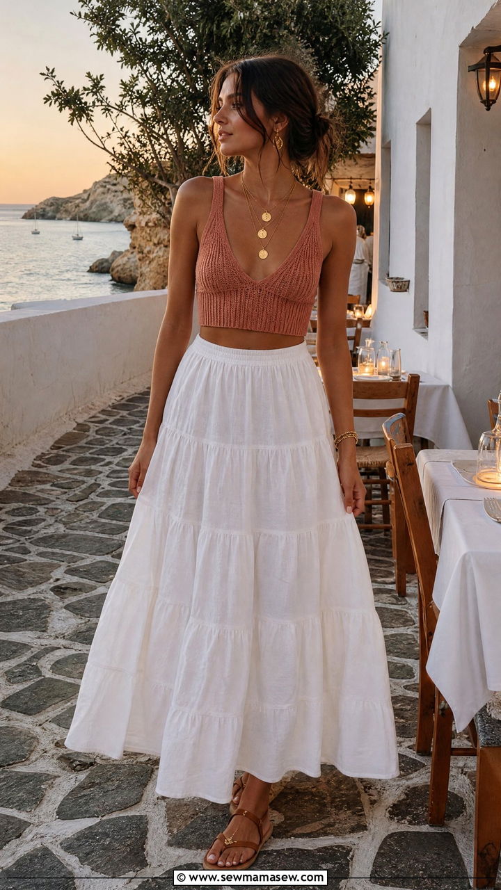Cropped Knit Top With Tiered Maxi Skirt - 40 summer beach vacation outfit ideas