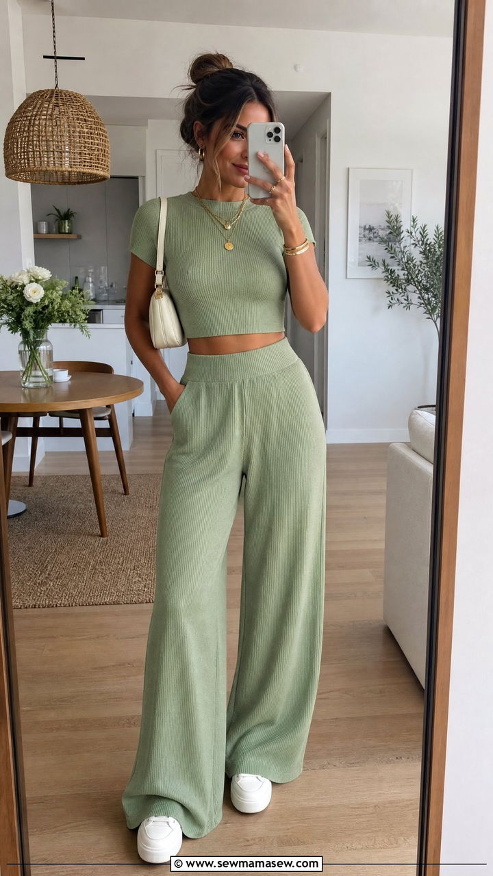 Cropped Knit Top and Wide Leg Pants Set - 25 Knit loungewear set outfit ideas