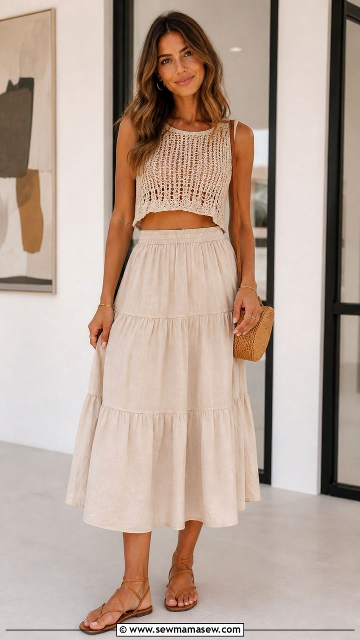 Cropped Knit Top with Tiered Linen Skirt - 40 summer boho outfits