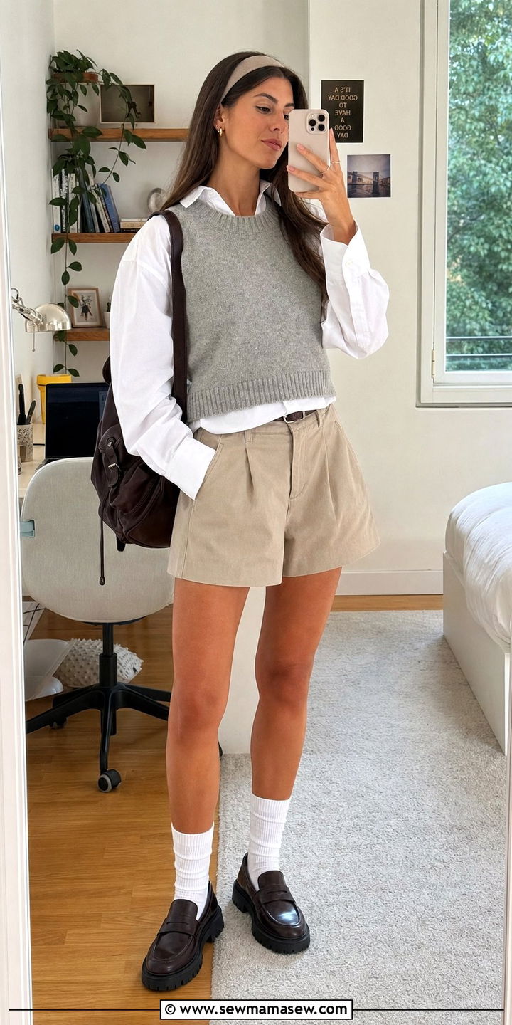 Cropped Knit Vest Over Button Down Shirt Outfit - 25 classy y2k outfit ideas