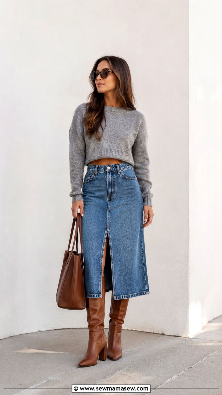 Cropped Knit With Denim Midi Skirt - 30 transitional cute outfit ideas