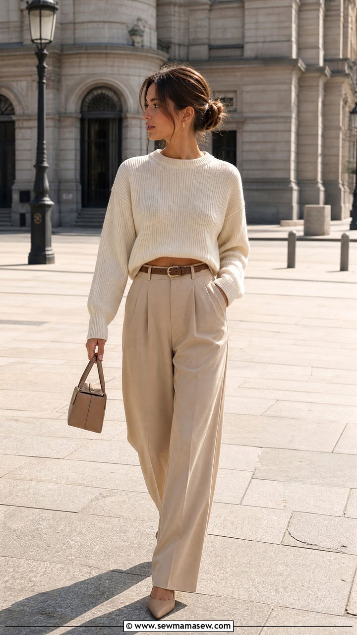 Cropped Knit and High Waisted Trousers - 30 clean girl outfits inspo