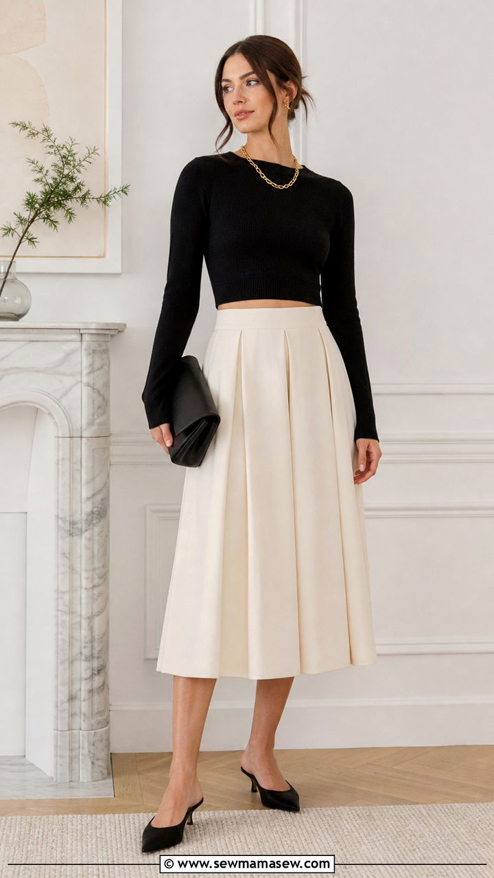 Cropped Knit with High Waisted Midi Skirt - 40 parisian outfits for women