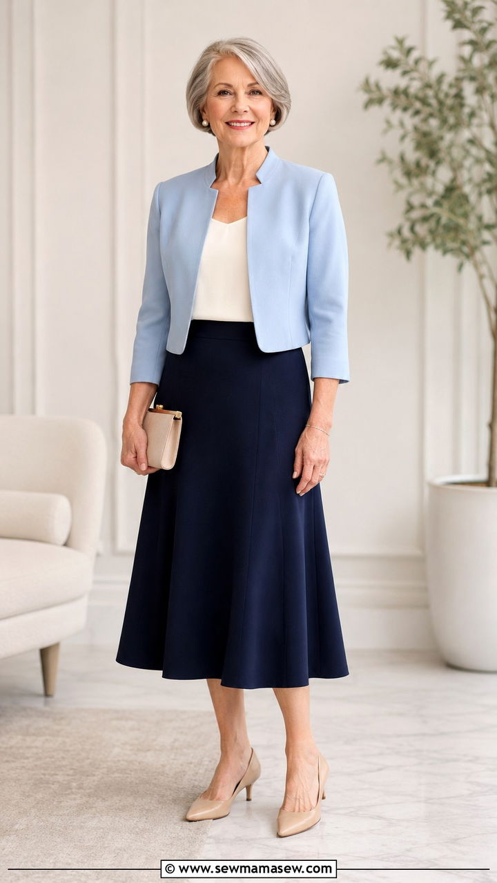 Cropped Lady Jacket with A Line Midi Skirt - 30 Petite outfits for women over 60