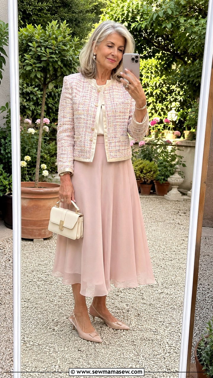 Cropped Lady Jacket with Midi Skirt Outfit - 30 Chic outfit ideas for women over 60