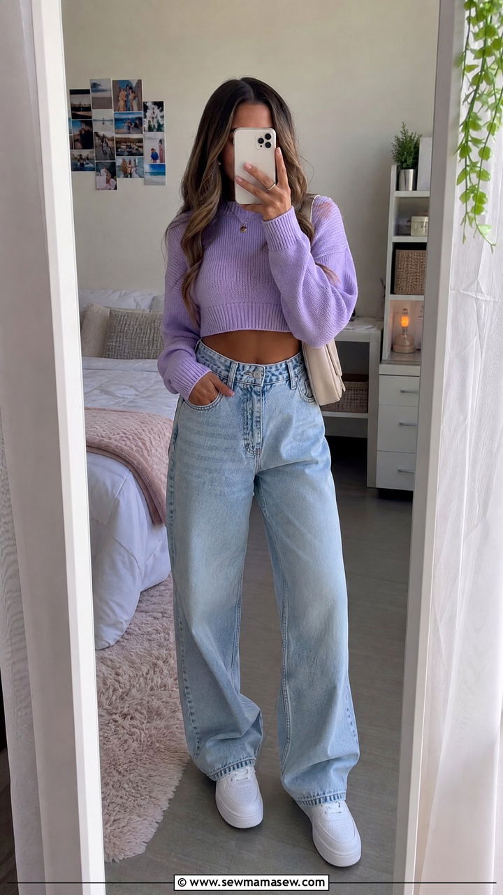 Cropped Lavender Sweater with Baggy Denim - 30 College outfit ideas cute 2026