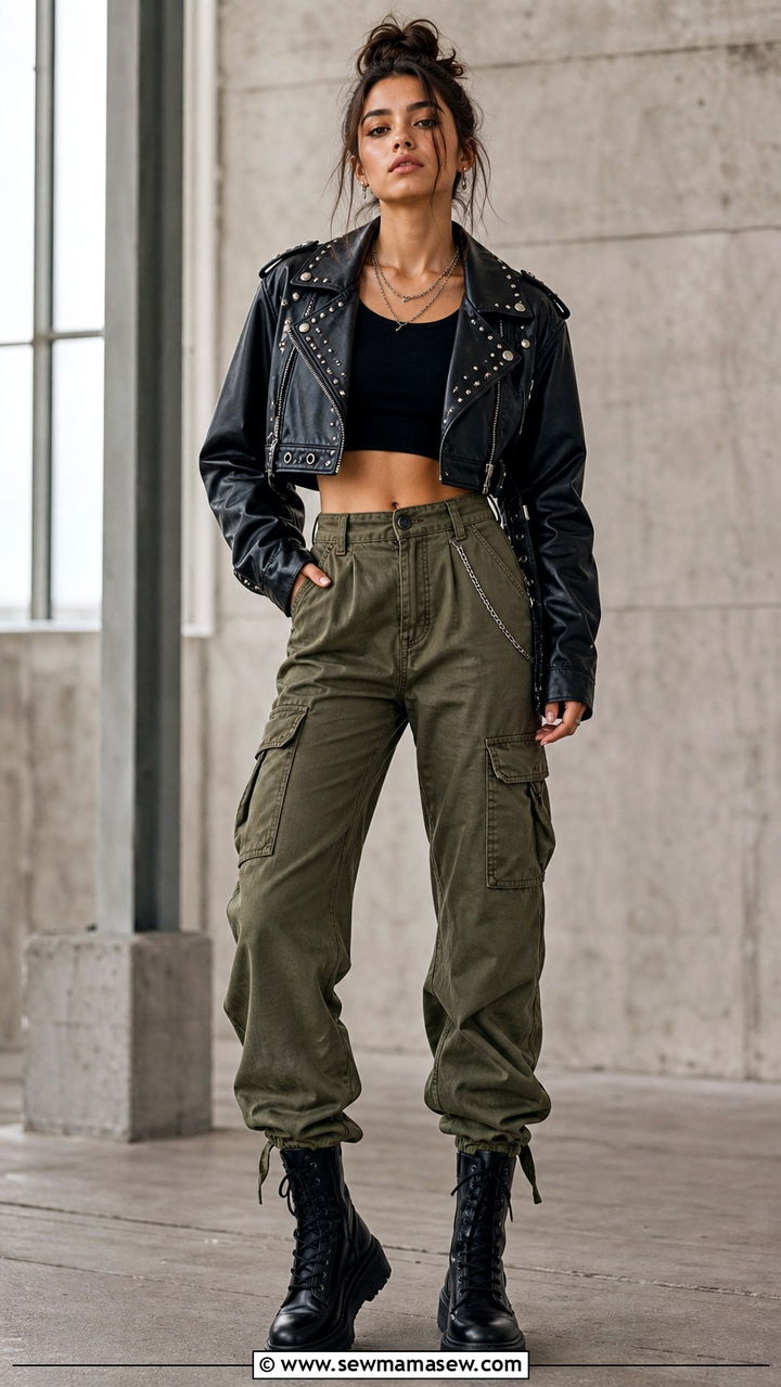 Cropped Leather Jacket High Waisted Cargo Pants Crop Top - 40 Grunge outfit ideas