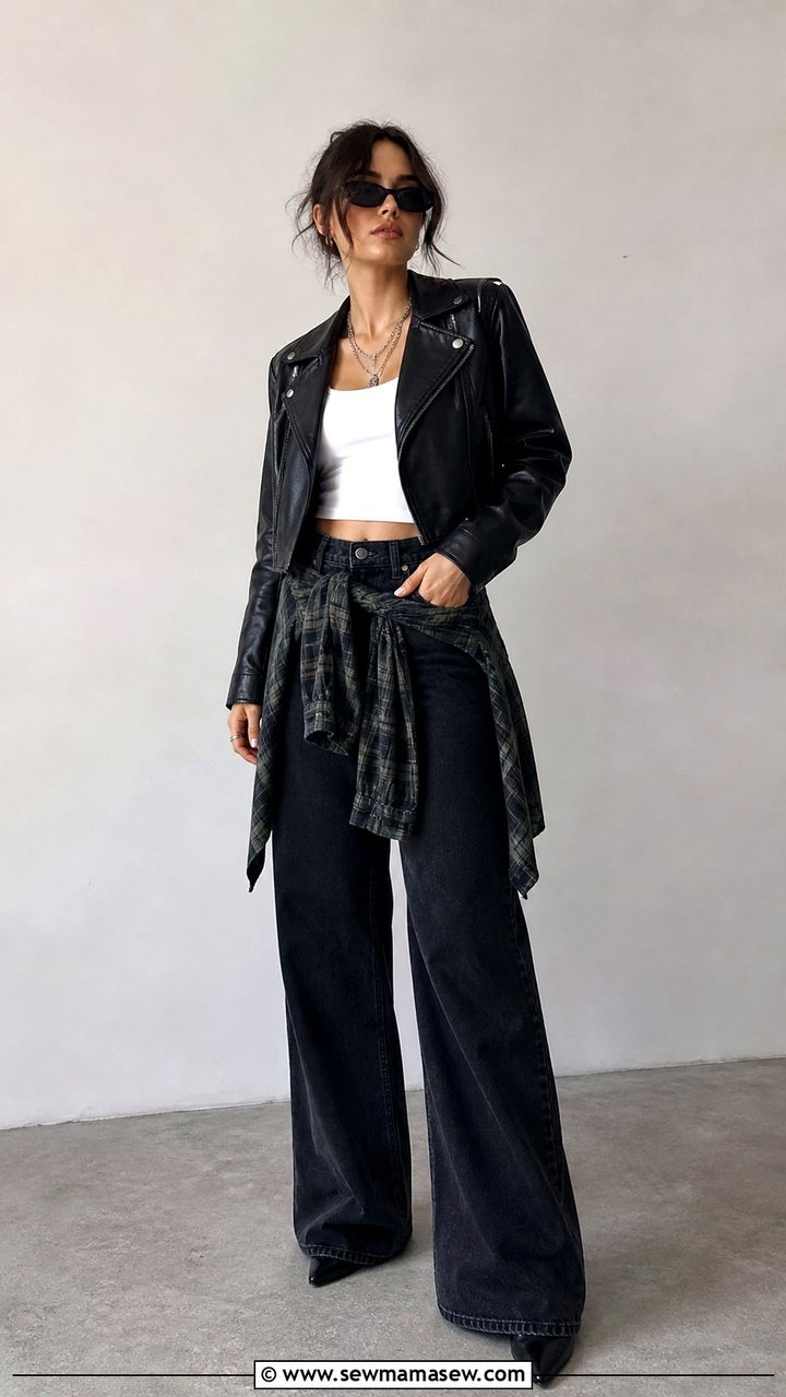 Cropped Leather Jacket Over Waist Tie Flannel And Wide Leg Jeans - 40 grunge outfits