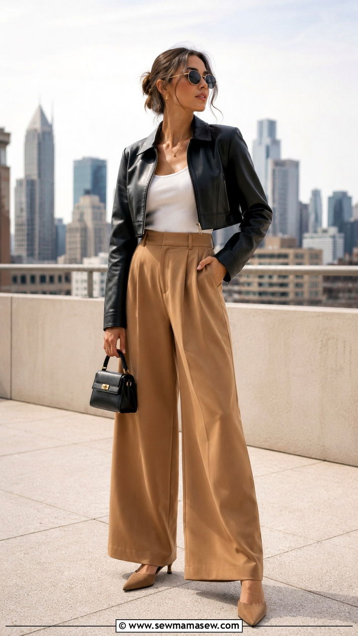 Cropped Leather Jacket With High Waist Wide Leg Trousers - 30 how to style leather jacket