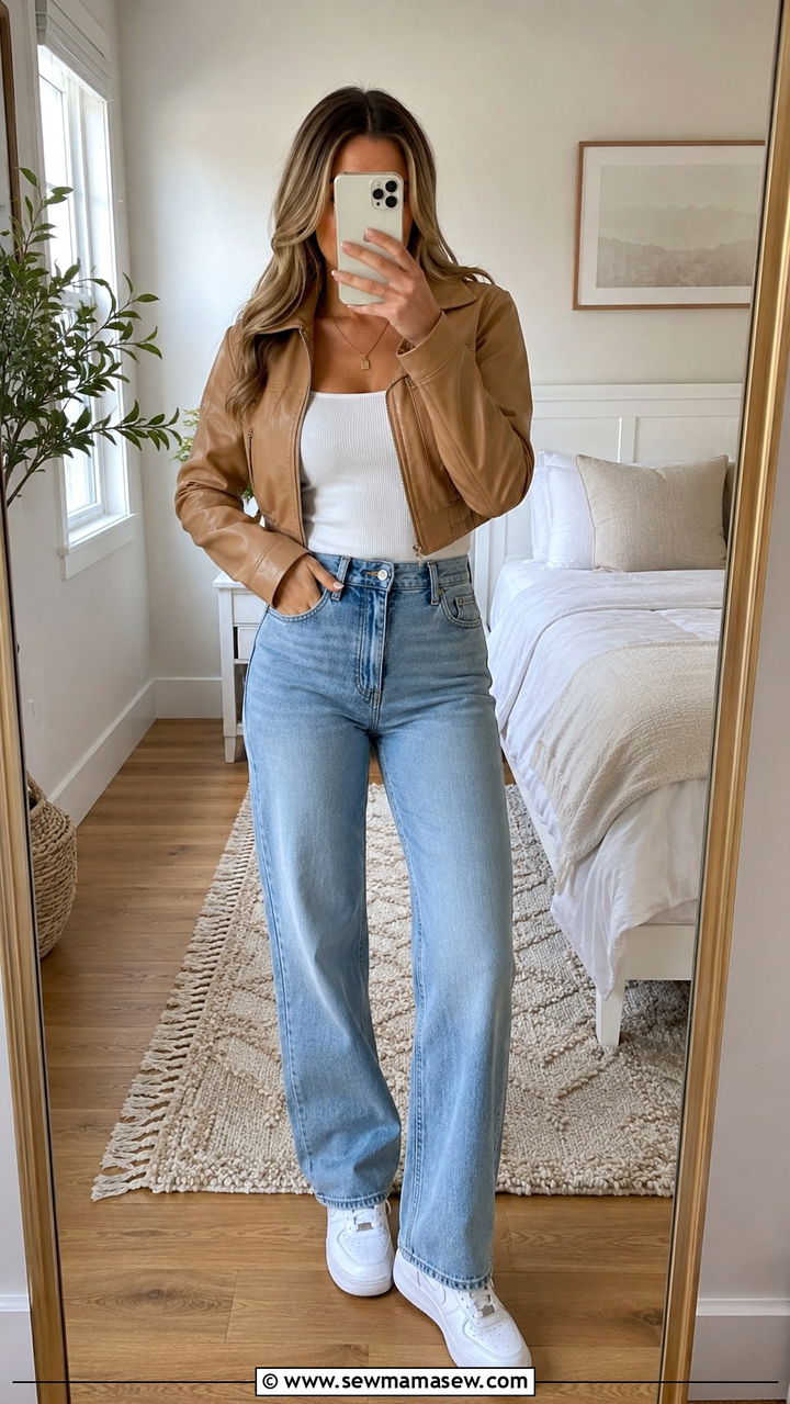 Cropped Leather Jacket With High Waisted Jeans Spring - 30 How to style a leather jacket in spring