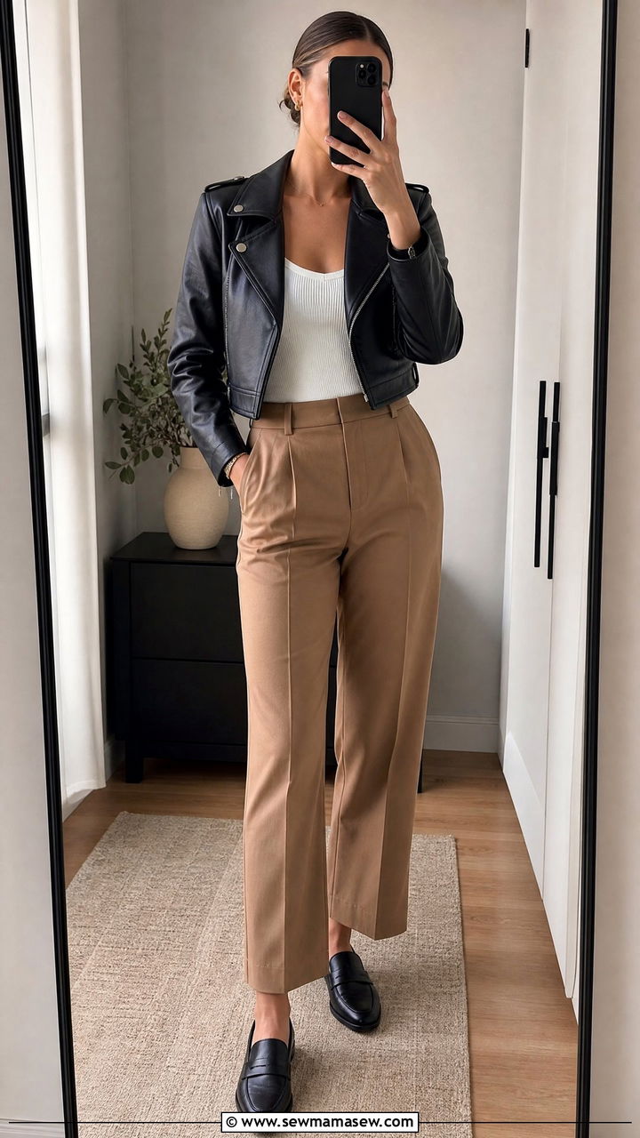 Cropped Leather Jacket With High Waisted Trousers - 35 jacket outfits