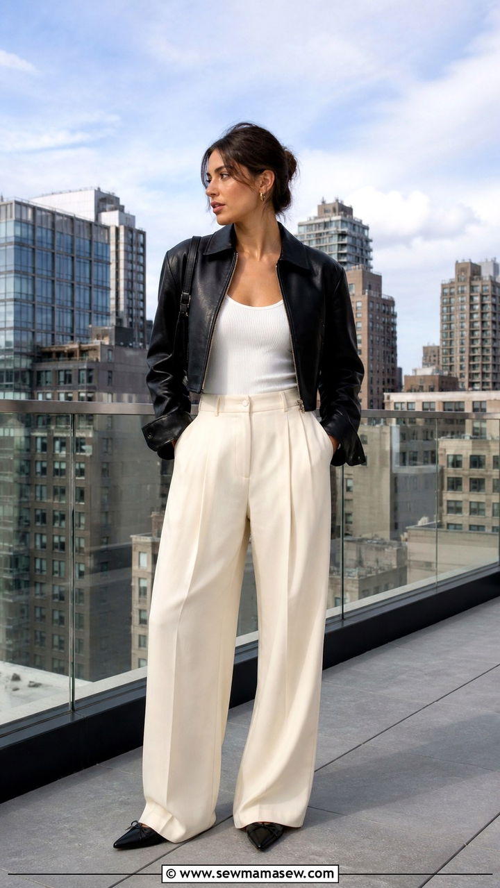 Cropped Leather Jacket With High Waisted Wide Leg Trousers - 40 casual leather jacket outfits
