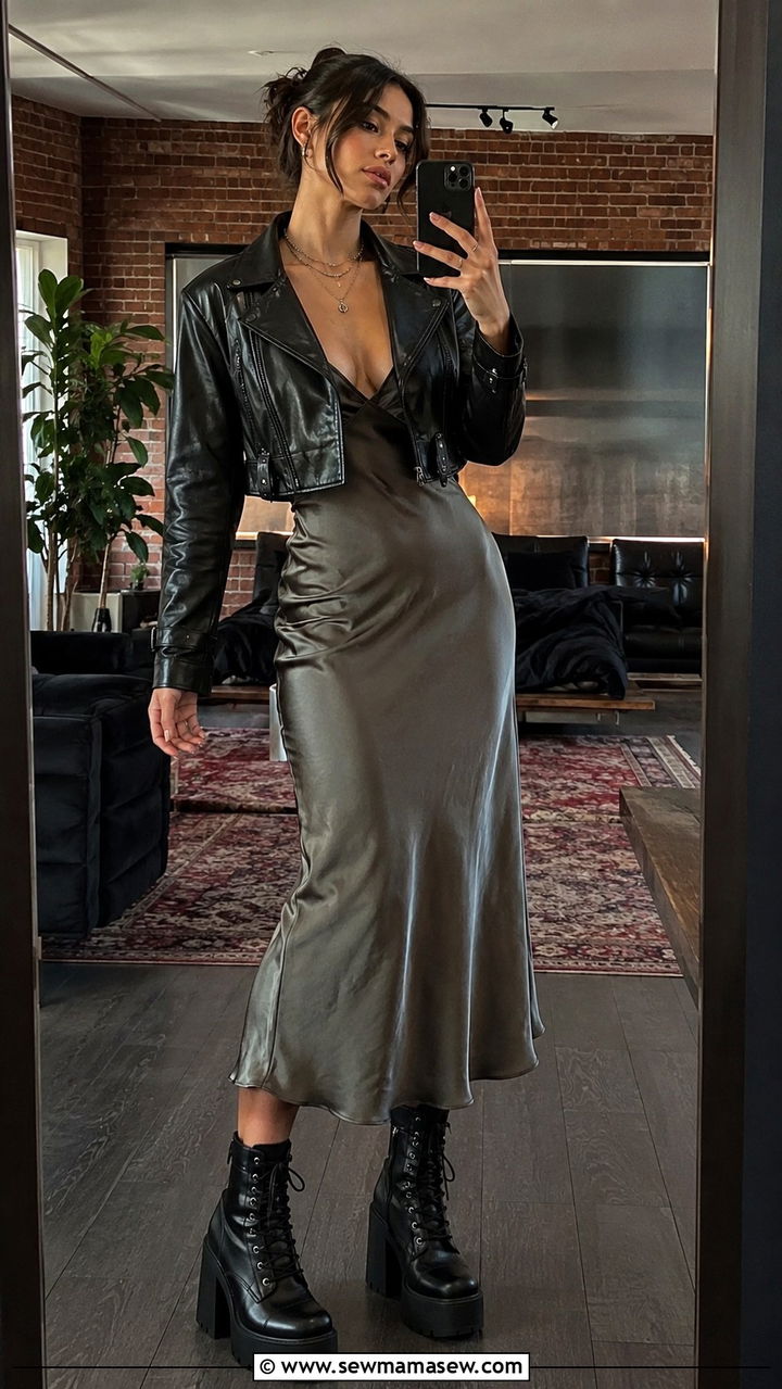 Cropped Leather Jacket With Slip Dress And Platform Boots - 30 casual edgy outfits