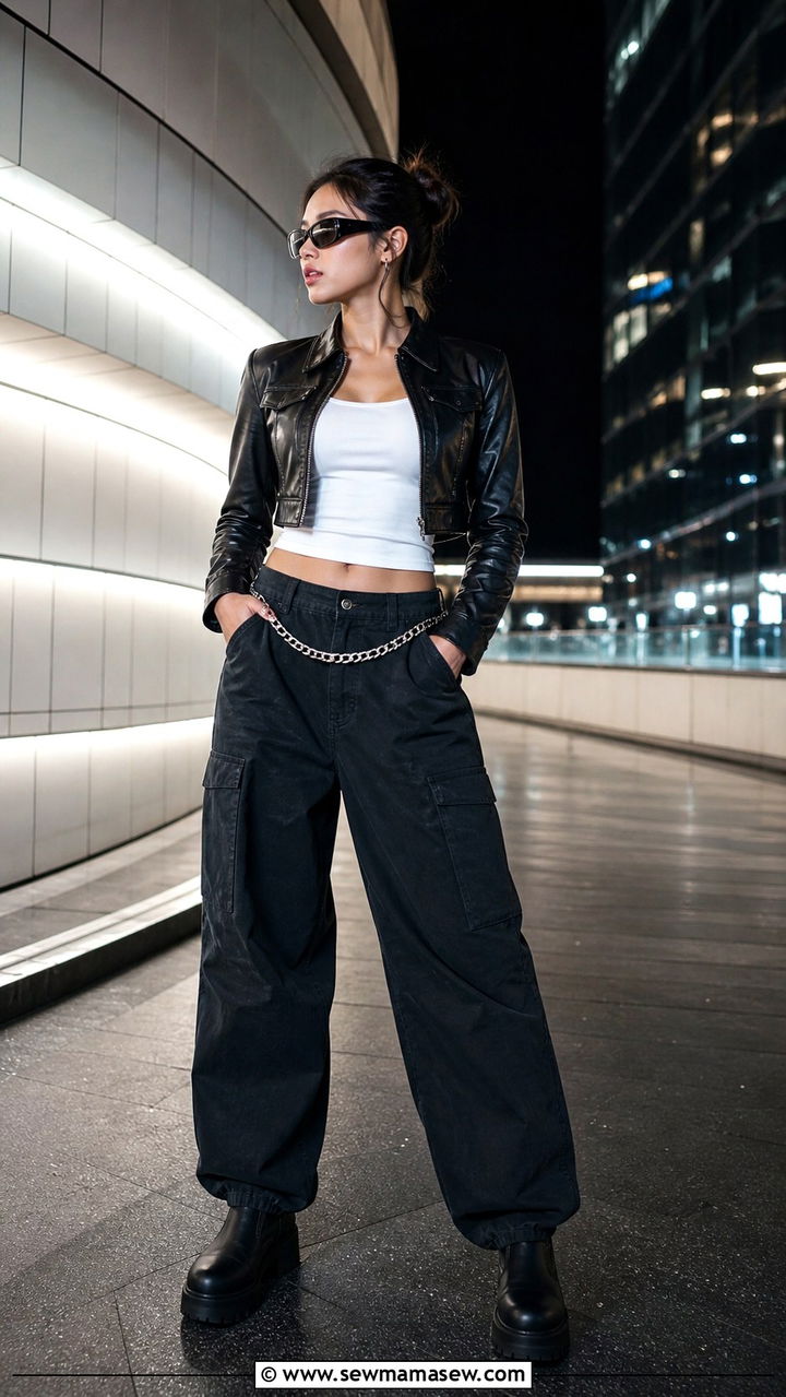 Cropped Leather Jacket and Wide Leg Cargo Pants - 40 Y2K outfit ideas