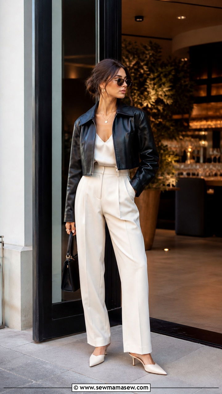 Cropped Leather Jacket with High Waist Tailored Trousers - 40 jacket outfits for women