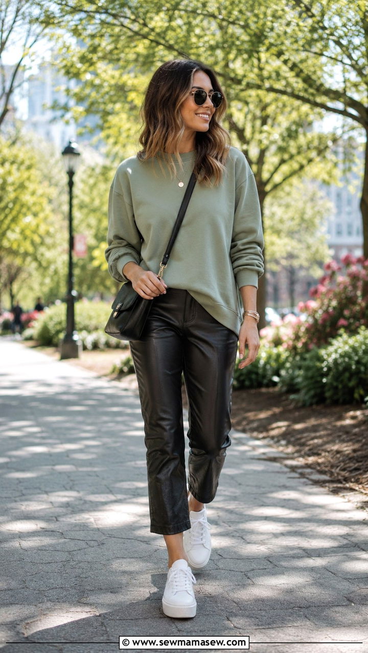 Cropped Leather Pants With Crewneck Sweatshirt and Platform Sneakers - 30 Leather pants outfit ideas with sneakers