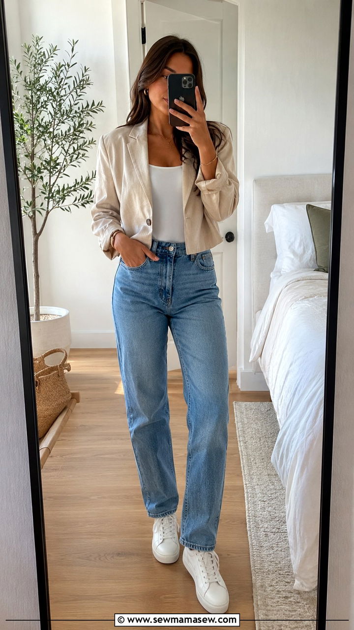 Cropped Linen Blazer With High Waisted Jeans - 30 Linen blazer outfit ideas with jeans