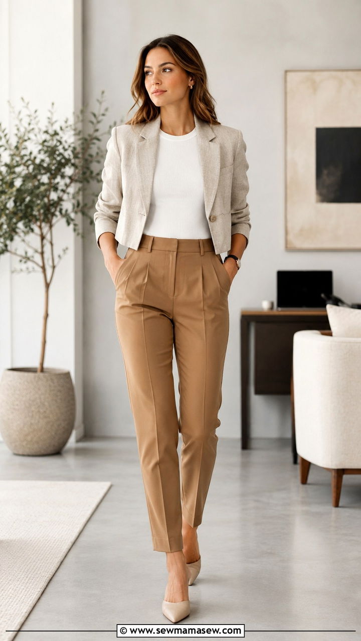 Cropped Linen Blazer with Fitted Tee and High Waisted Trousers - 30 Linen blazer outfit ideas with a t-shirt