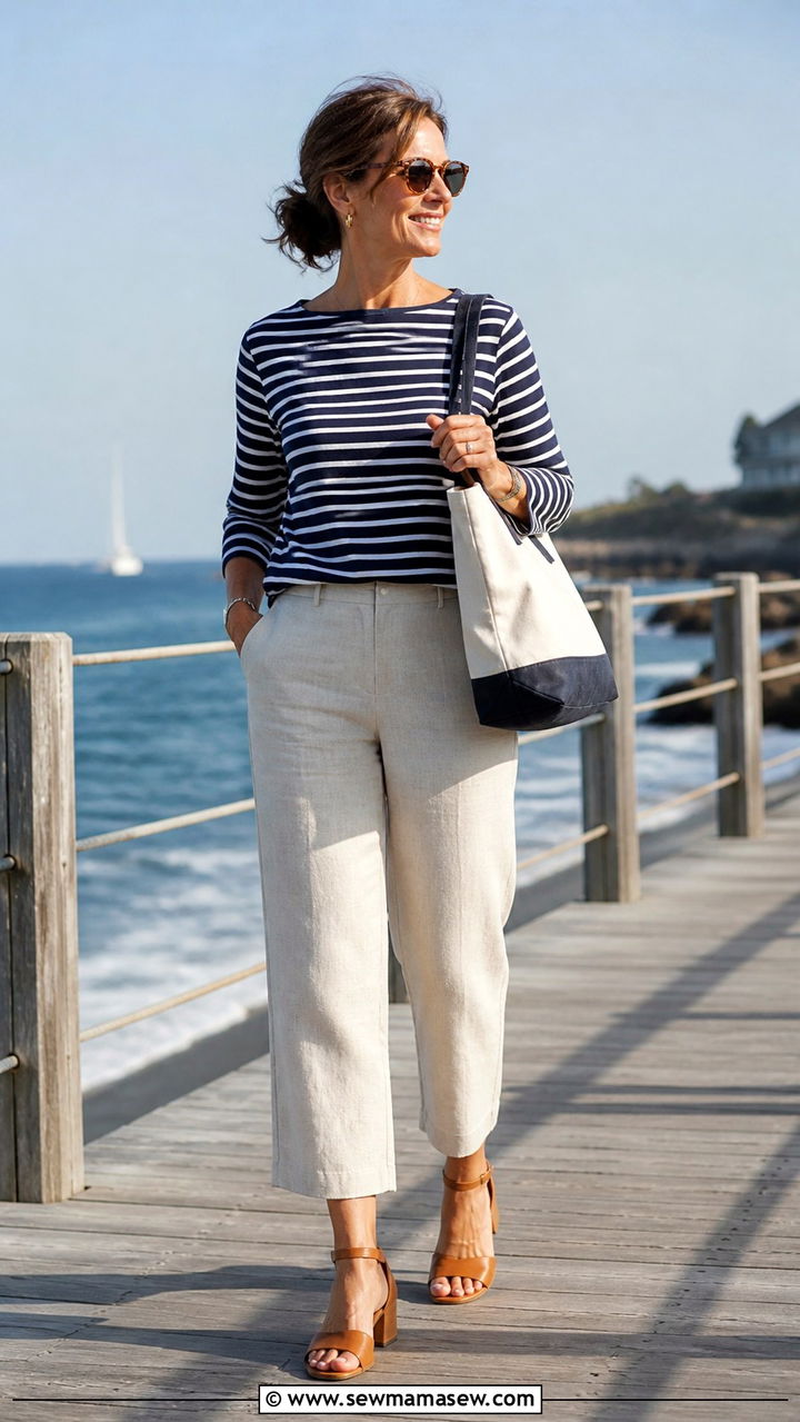 Cropped Linen Pants Outfit With Sandals - 30 linen pants outfits for women over 40