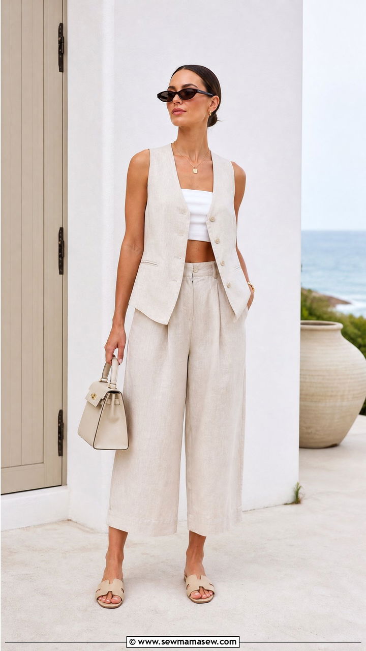 Cropped Linen Pants With Linen Vest - 30 Linen pants outfit ideas for beach