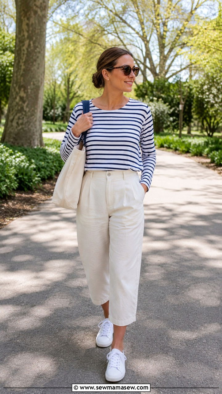 Cropped Linen Pants With Striped Tee And White Sneakers - 30 spring linen pants outfit ideas