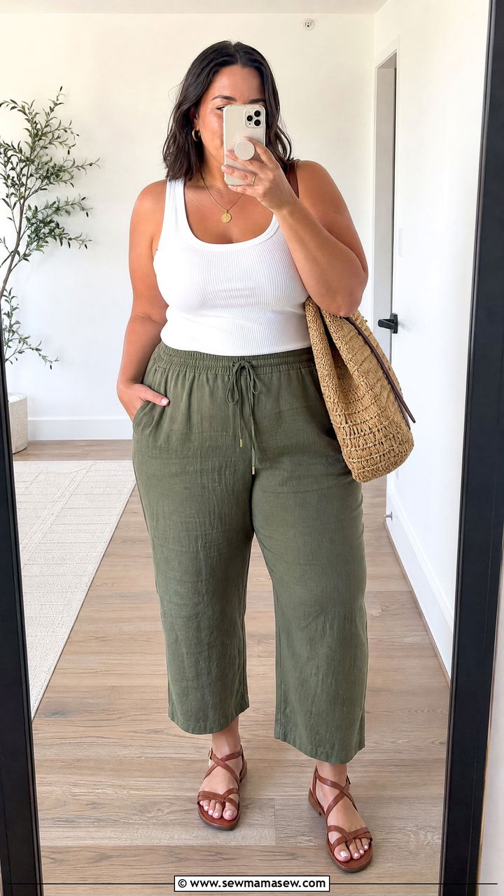 Cropped Linen Pants and White Tank Top - 25 Linen pants outfit ideas plus size
